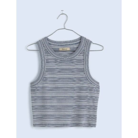 Madewell Supima Rib Cutawat Crop Tank in Blue White Stripe Size Medium NWT - Picture 1 of 7